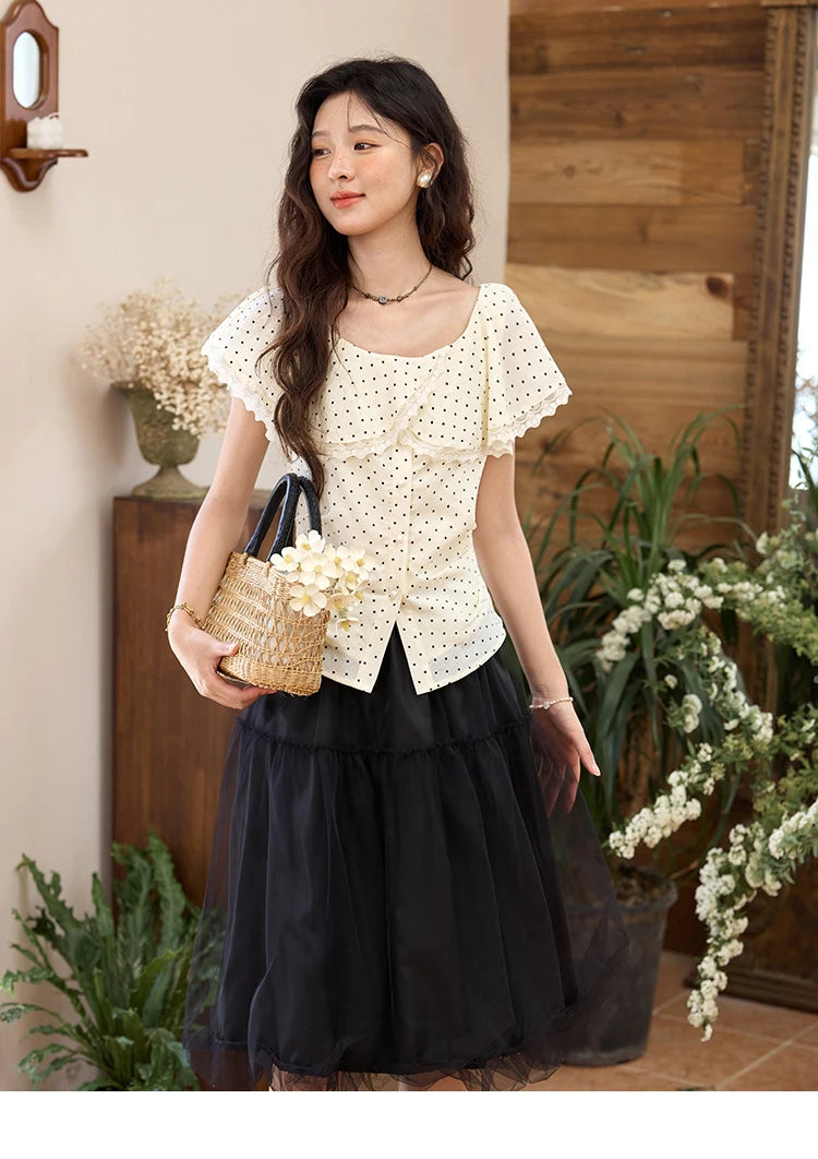 MISHOW Women's Apricot Polka Dot Shirt 2025 Summer French Ruffle Edge Patchwork Lace Shirts Short Sleeved Slim Top MXE34X1783