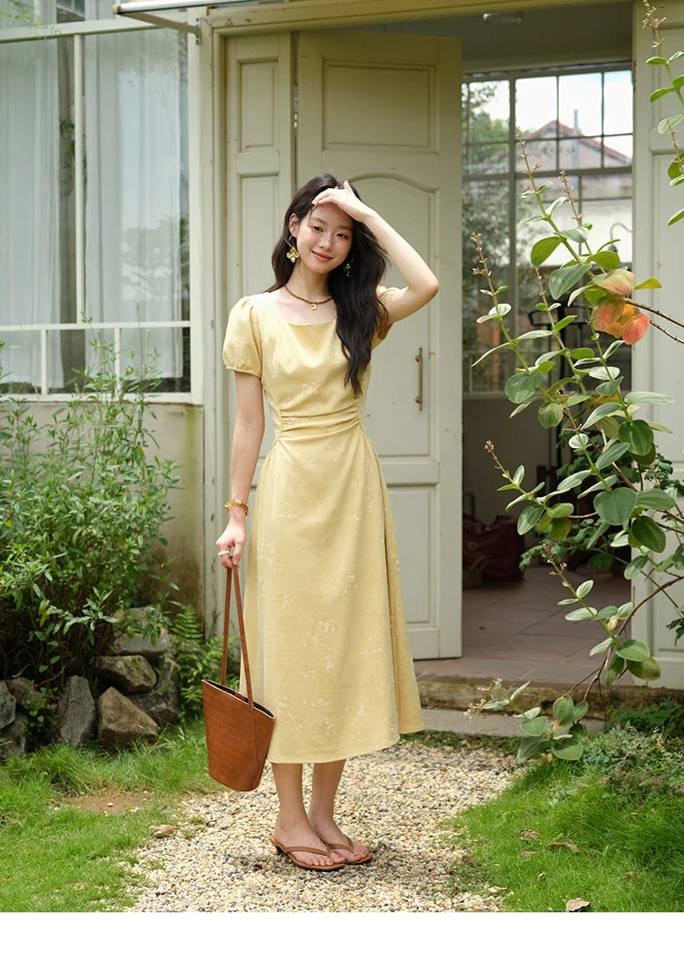 MISHOW Women's Clothing Fashion Square Neck Puff Sleeve Dress Summer 2025 New Bamboo Leaf Jacquard Pattern Dresses MXE39L2415