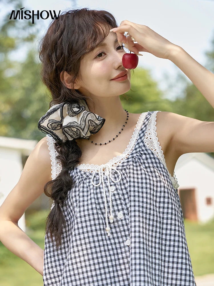 MISHOW French Sweet Lace Plaid Suspender Vest Women 2025 Summer Loose Fit U Neck Lace-up Blouses Sleeveless Doll Top MXD26X1567