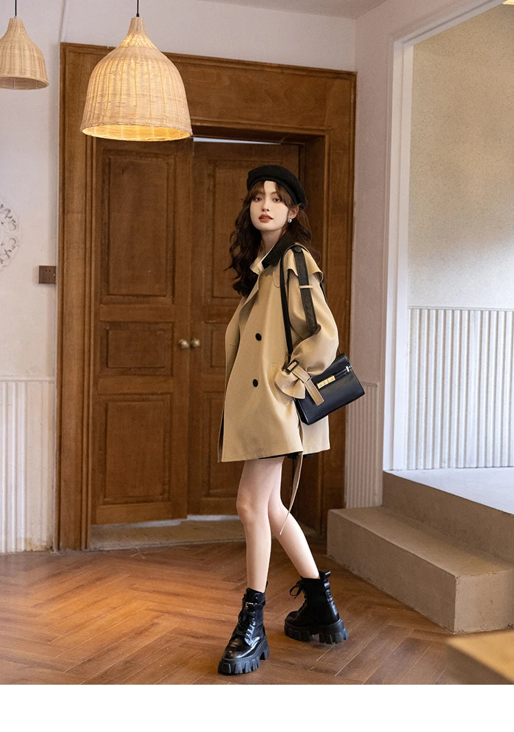 MISHOW Trench Coats for Women Autumn Korean Office Lady Polo Collar Patchwork Long Mid-length Jacket Female Outerwear MXB33W0399