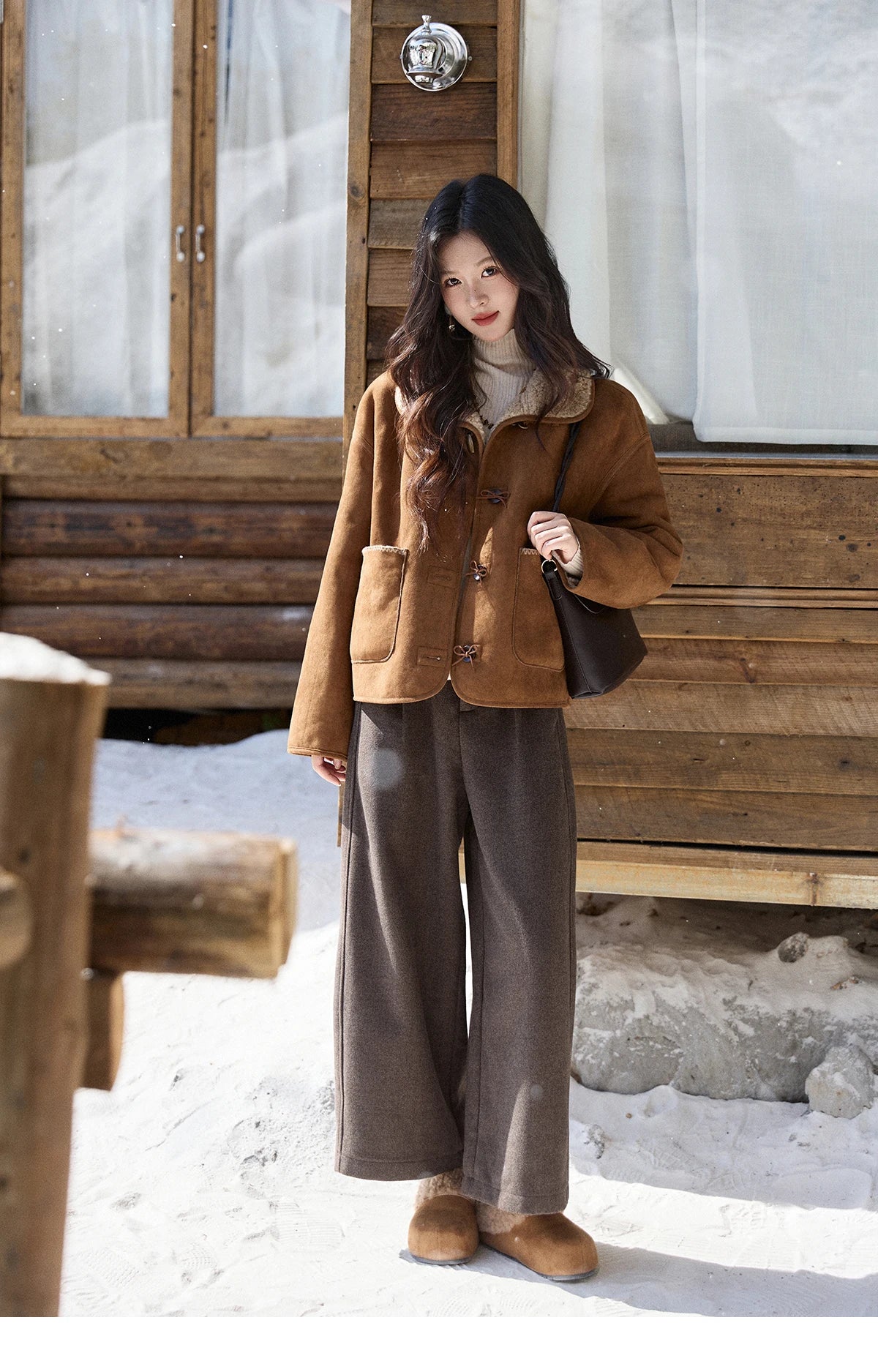 MISHOW Women's Brown Reversible Shearling Coat 2025 Winter Suede Polka Dot Lapel Coats Fleece Thick Warm Short Jacket MXE93W1012