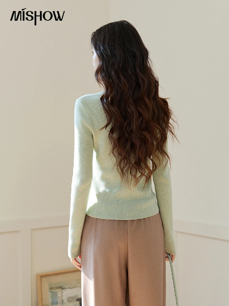 MISHOW Women's V Neck Tie Neck Floral Ribbed Knit Tops 2026 Spring Long Sleeve Slim Casual Soft Green Thin Sweater MXF108Z1024