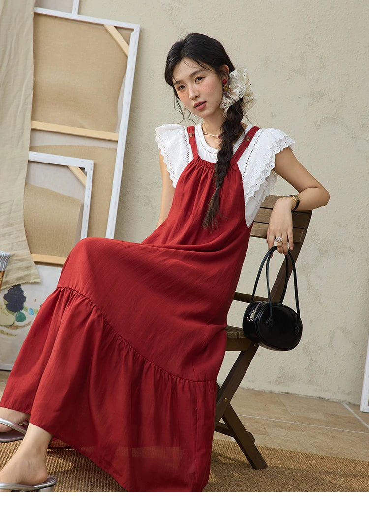 MISHOW Red Linen Strap Midi Dress Summer Sleeveless Casual Vacation Dress Hanging Neck Loose A-LINE Dress (Not A Set) MXE36L2309
