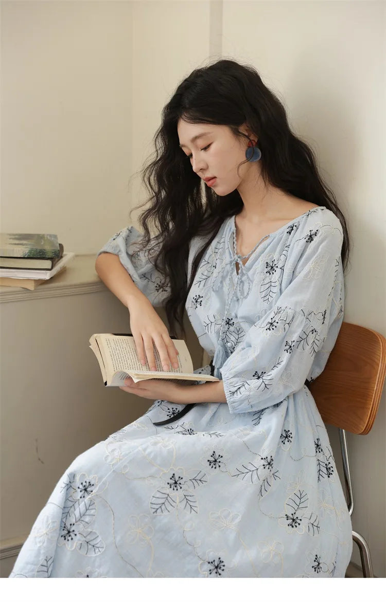 MISHOW Blue Flower Embroidered Dress 2025 Autumn Seven Cent Lantern Sleeve Tassel Tie Rope V-neck Dresses with Belt MXE42L2493
