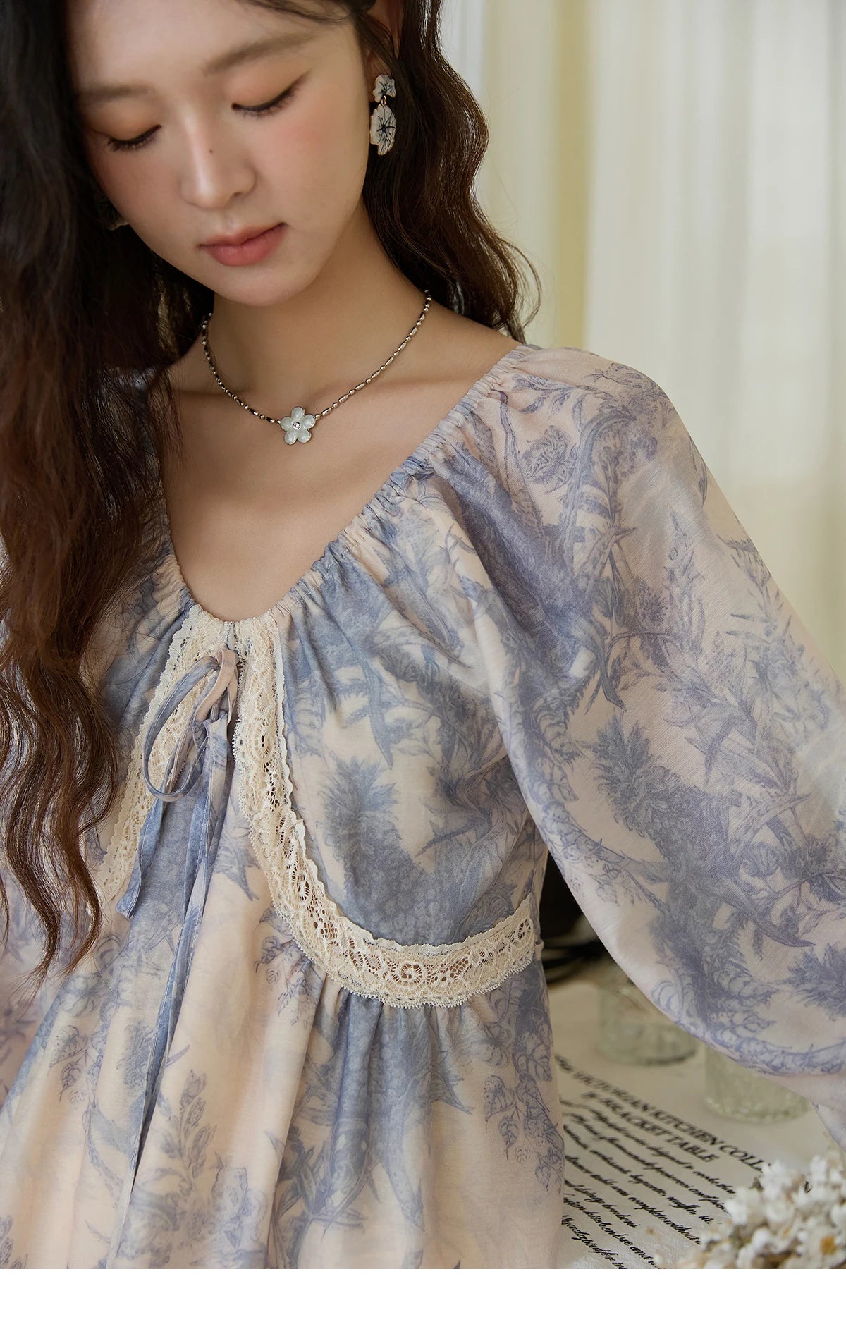 MISHOW Woman Elegant Dress 2025 Autumn Romantic Blue Floral Dress Lace Panel Drawstring A-line Long Dress Autumn MXE45L2507