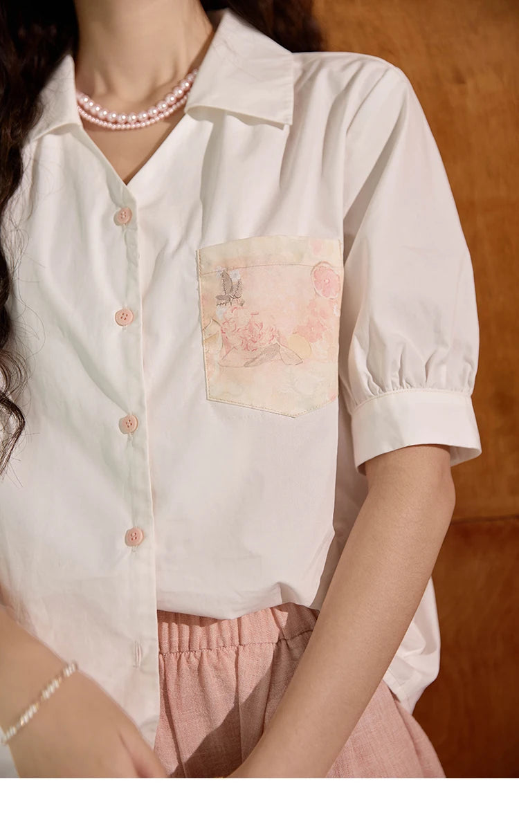 MISHOW Women's 100 Cotton Short Sleeved Shirt Loose 2025 Summer Embroidered Pocket Top Polo Neck Puff Sleeve Shirts MXD26C0243