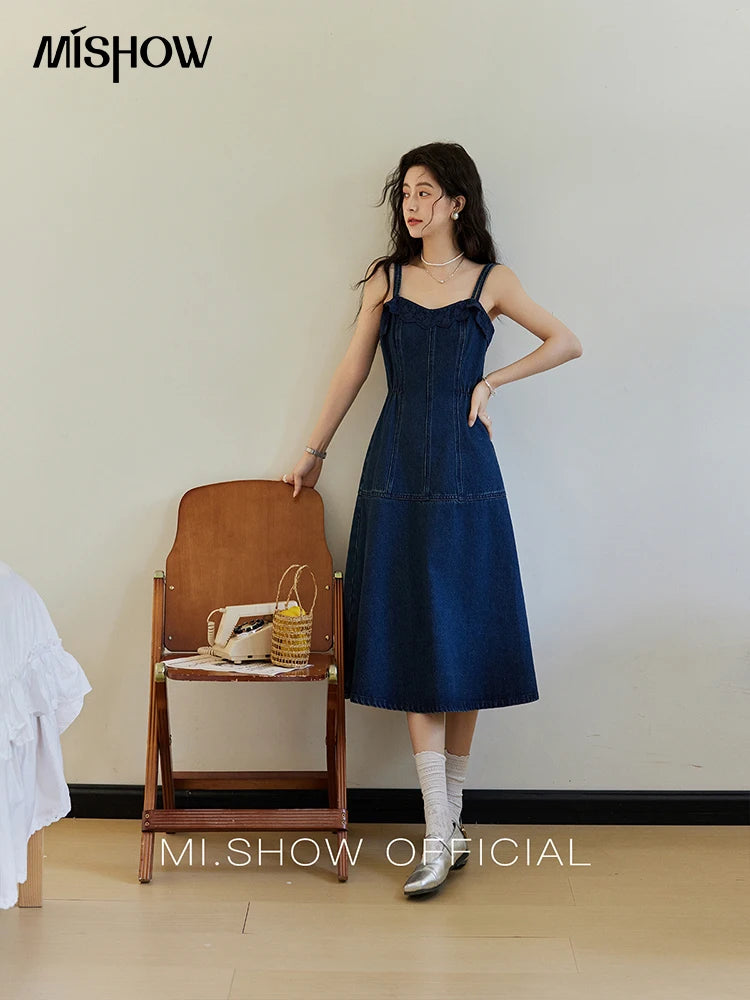 MISHOW Denim Camisole Dress Hollowed Out Cardigan Separately Spring Knitted Cardigan Lace Edge Waist Dress(Not A Set) MXE13L2094