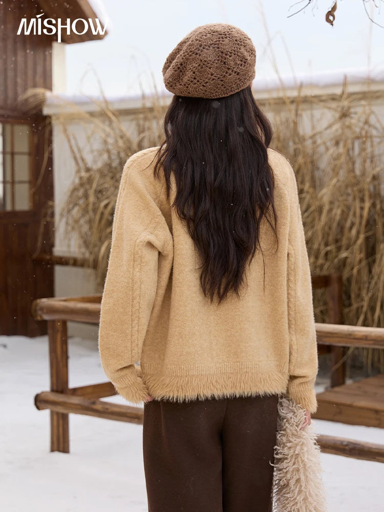 MISHOW Yellow Knitted Sweater for Women 2025 Winter New Long Sleeves Cable Plush Hem Stitching Casual Sweater Luxury MXE88Z2674