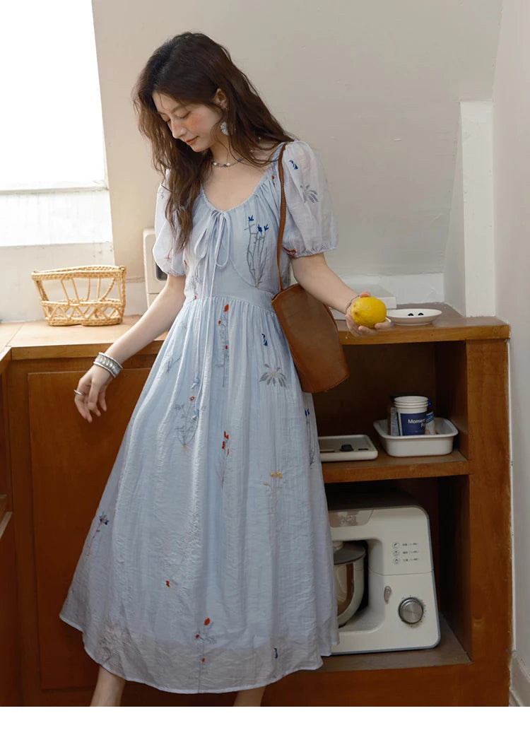 Mishow V-Neck Lace-Up Embroidery Vacation Dress MXE34L2284
