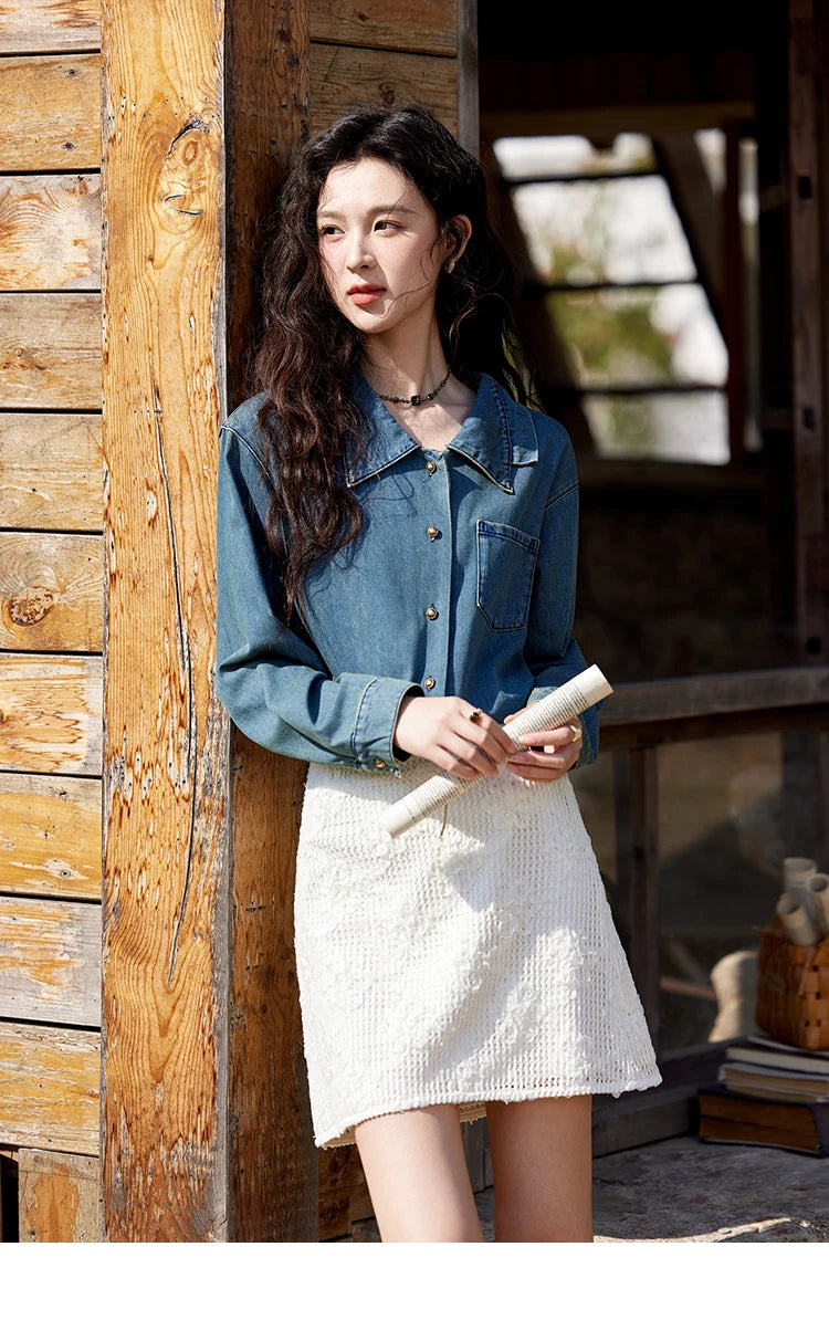 MISHOW Retro Washed Denim Shirt Spring 2025 Double Layered Patchwork Collar Shirt Metal Buckle Single Breasted Tops MXE12C0751