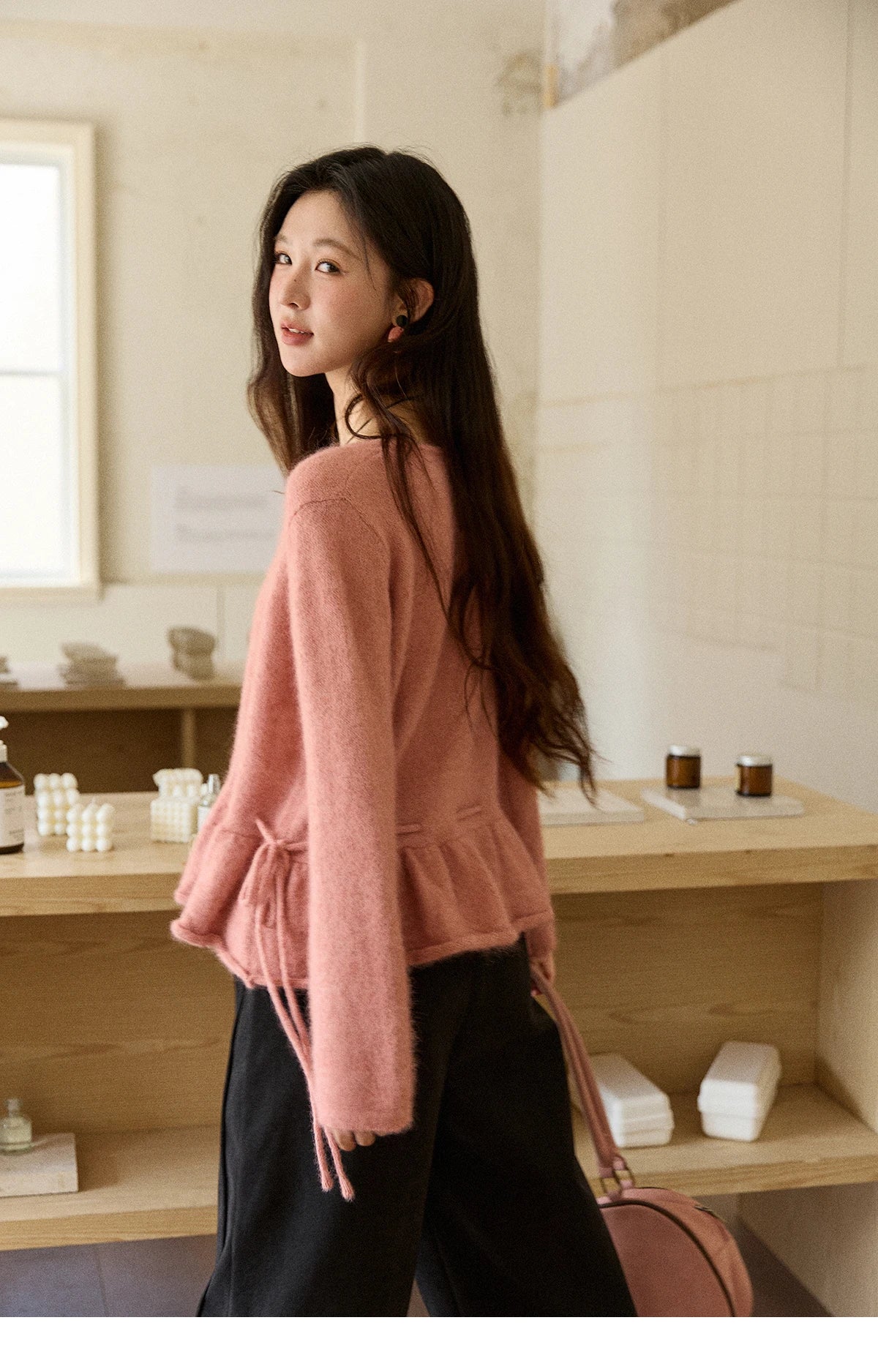 MISHOW Women's Pink Sweater 2025 Winter French Style Round Neck Knit Top Ruffled Hem with Drawstring Belt Pullover MXE90Z2824