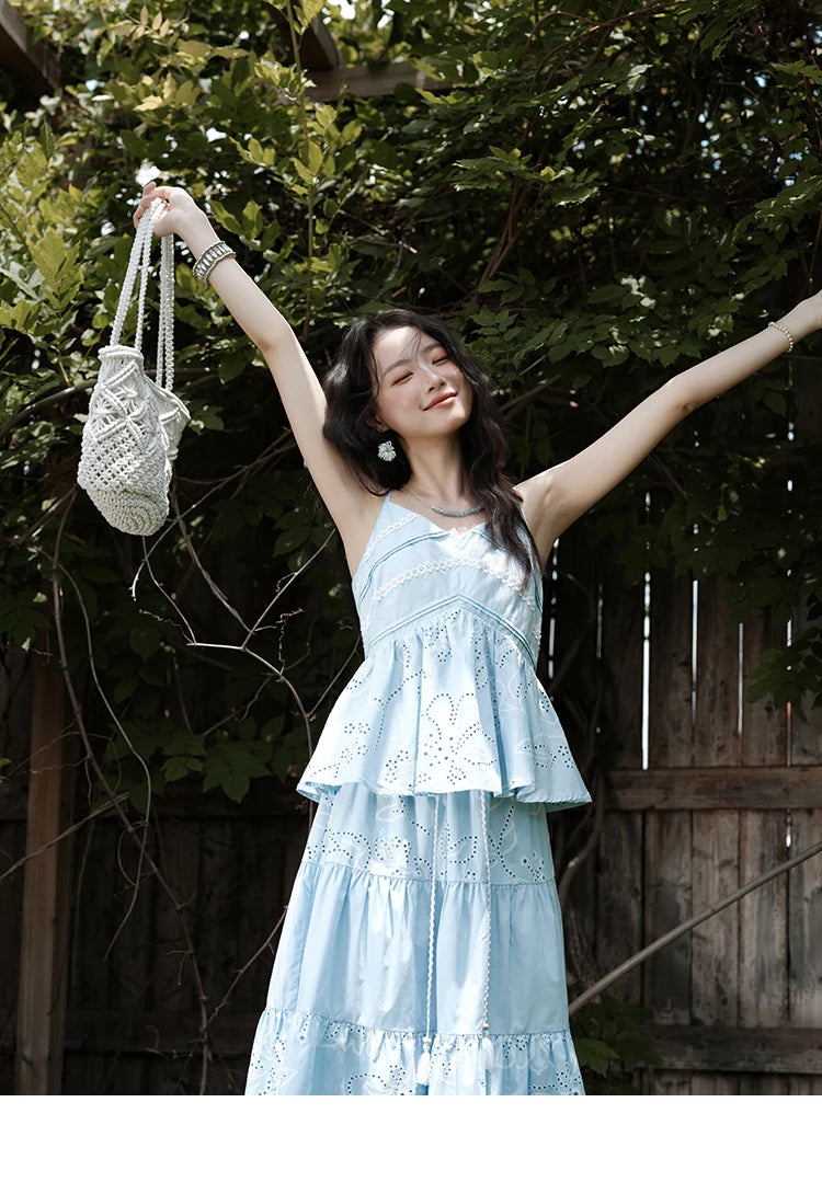 MISHOW Woman 2 Pieces Set 2025 Summer Ladies Fashion Strap V-neck Top Embroidery Flower Hollow Out Drawstring Skirt MXE34T0624