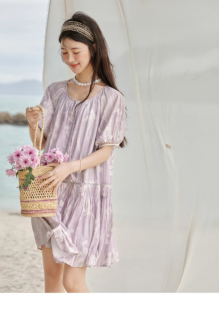 MISHOW Print Summer Chiffon Dress Women 2025 Short Sleeve U Neck Splicing Hollow Lace Midi Dresses Lady New Fashion MXE32L2164