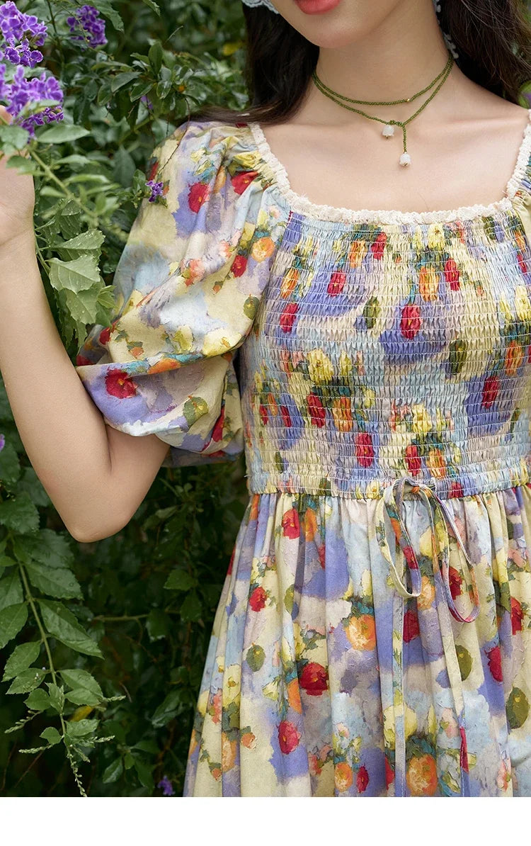 MISHOW Floral Smocked Midi Dresses for Women 2025 Summer Puff Short Sleeve Beach Vacation Beach French Retro Dress MXD24L1905