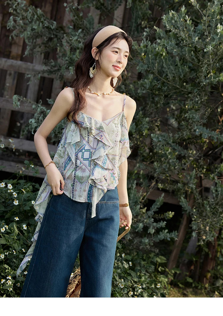 MISHOW Holiday Summer Camisole Tops Women 2025 Plaid Ruffled Layer Chiffon Floral Slimming Top Woman New Fashion MXE33X1803