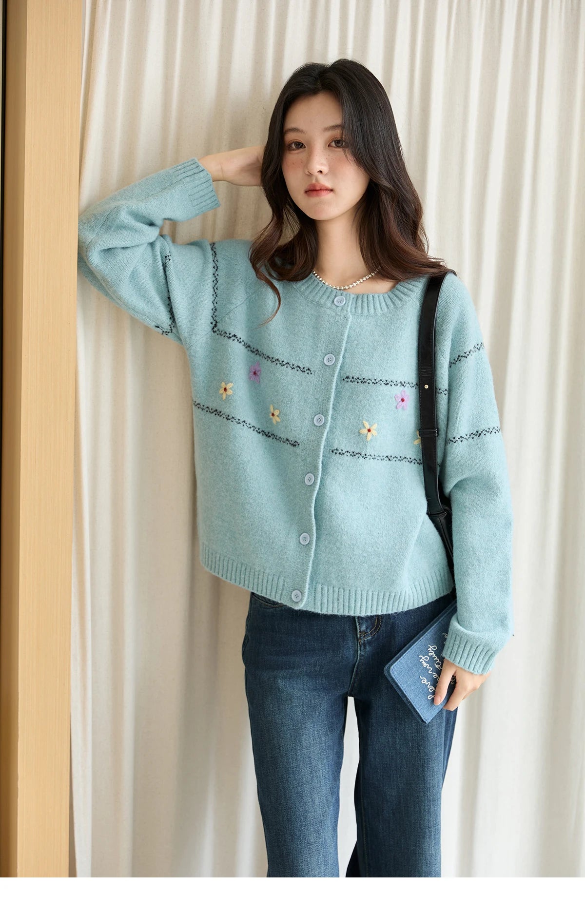 MISHOW Women Cardigan Long Sleeve 2025 Autumn Winter Flower Embroidered Knitted Cardigan Commute Loose Blue Knit Top MXE46Z2581