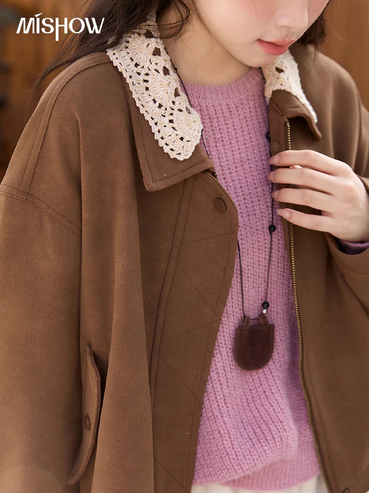 MISHOW Brown Jacket for Women 2025 Autumn Winter Retro Detachable Lace Collar Drawstring Hem Jacket Women's Clothing MXE45W0846