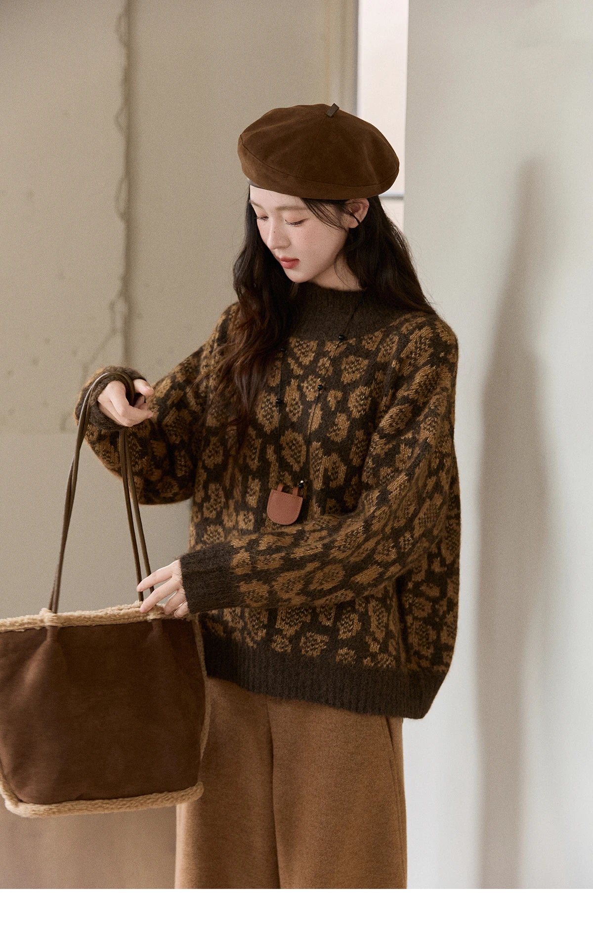 MISHOW Women's Color Block Geometric Leopard Jacquard Sweater Winter French Half Turtleneck Dropped Sleeve Knitwear MXE91Z2839