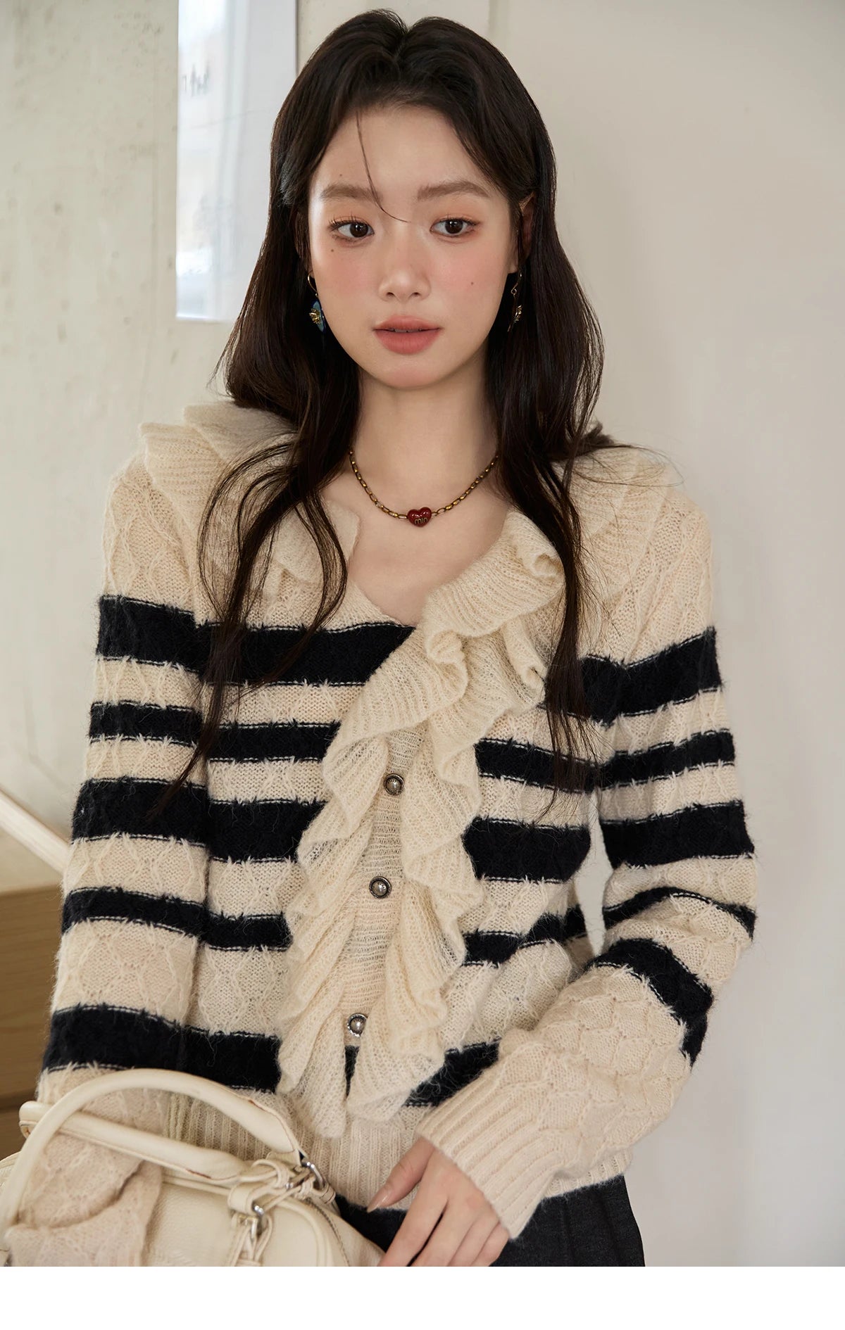 MISHOW Striped Sweater for Women 2025 Autumn New Asymmetrical Ruffled Diamond Shape Knitted Retro Women's Cardigan MXE51Z2633