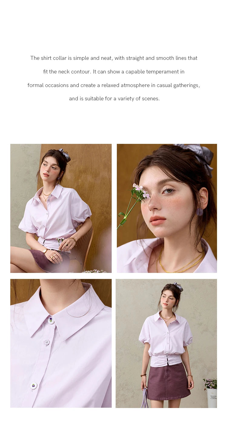 MISHWO Office Lady Solid Blouses Women Summer New 2025 Short Sleeve Turn-down Collar Purple Cotton Shirts Female Thin MXE32X1794