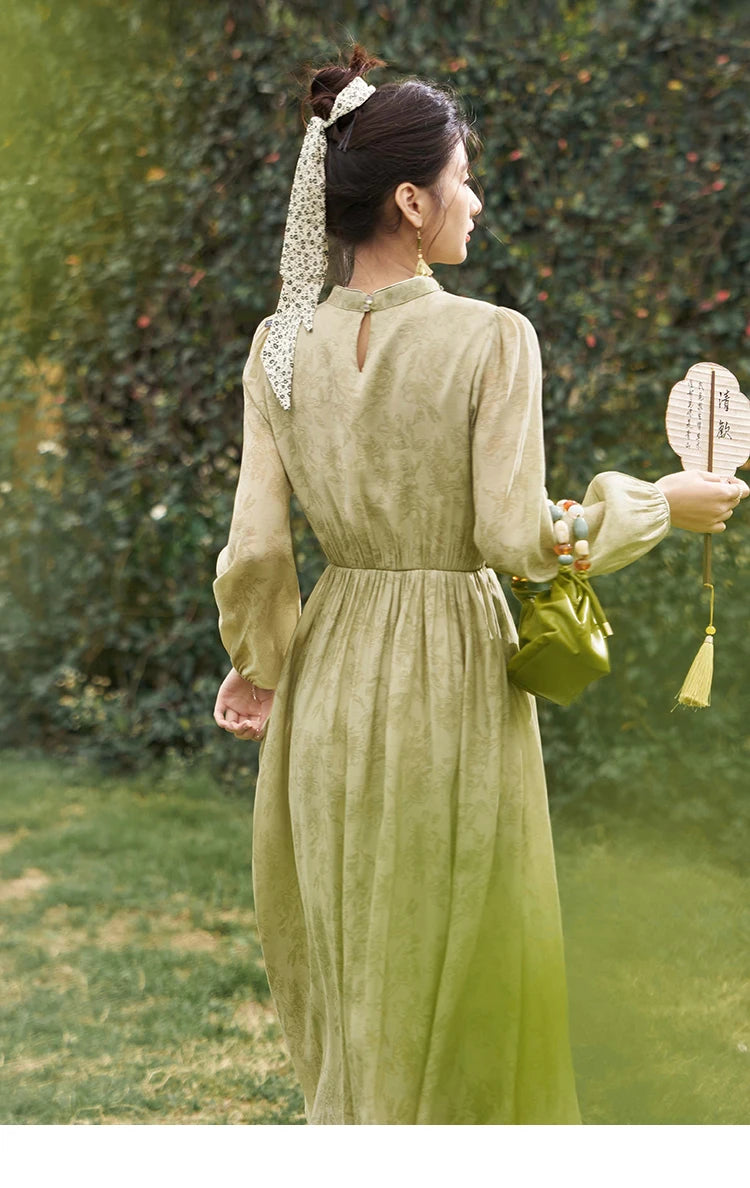 MISHOW Retro Chinese Improved Cheongsam Dress 2024 Spring Chiffon Printing Green Puff Sleeve Stand Neck Waist Dresses MXD14L1767