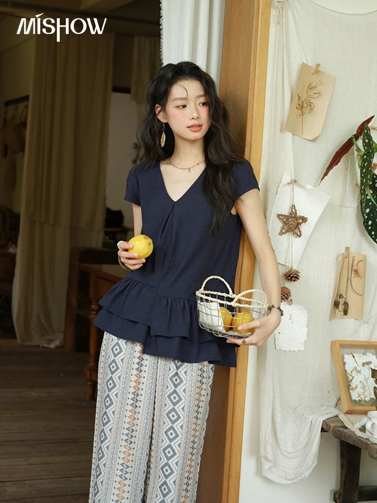 MISHOW Women's Two Piece Set 2025 Summer Spliced Lotus Leaf Edge V-neck Blouse Fashion Geometric Wide Leg Pants Set MXE39T0670