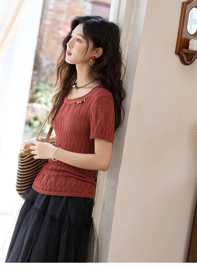 MISHOW Retro Red Hollow Thin Knitted Sweater Shirt for Women 2025 Summer Beads Short Sleeves Knitted Breathable Top MXE35Z1271