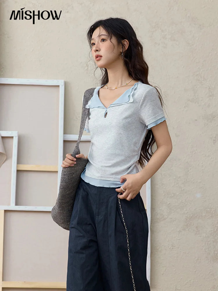 MISHOW Grey Blue Fake Two Piece Contrasting T-shirt for Women Summer 2025 Lapel Wavy Edge Slim Tees Cotton Blend Top MXE35T0567