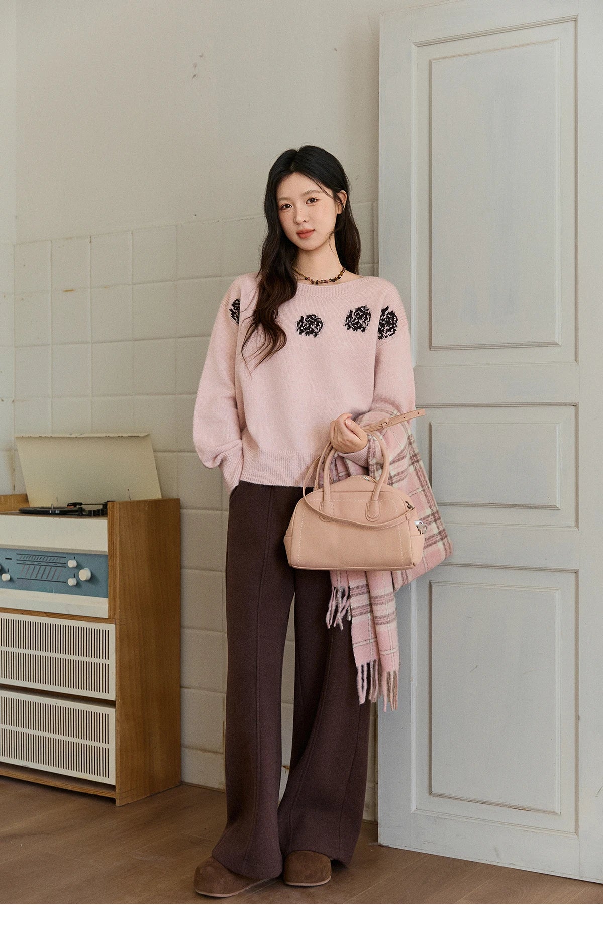 MISHOW Pink Jacquard Sweater for Women Fall Winter 2025 Lantern Sleeve Tops Shoulder Drop Thickened Knitted Sweater MXE91Z2775