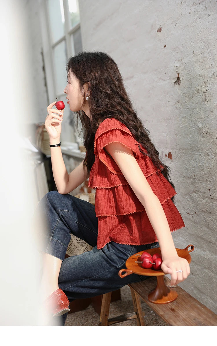 MISHOW Women's French Square Collar Blouses 2024 Summer Retro Red Ruffle Lace Cake Top Puff Sleeve Solid Sweet Blouse MXD30X1488