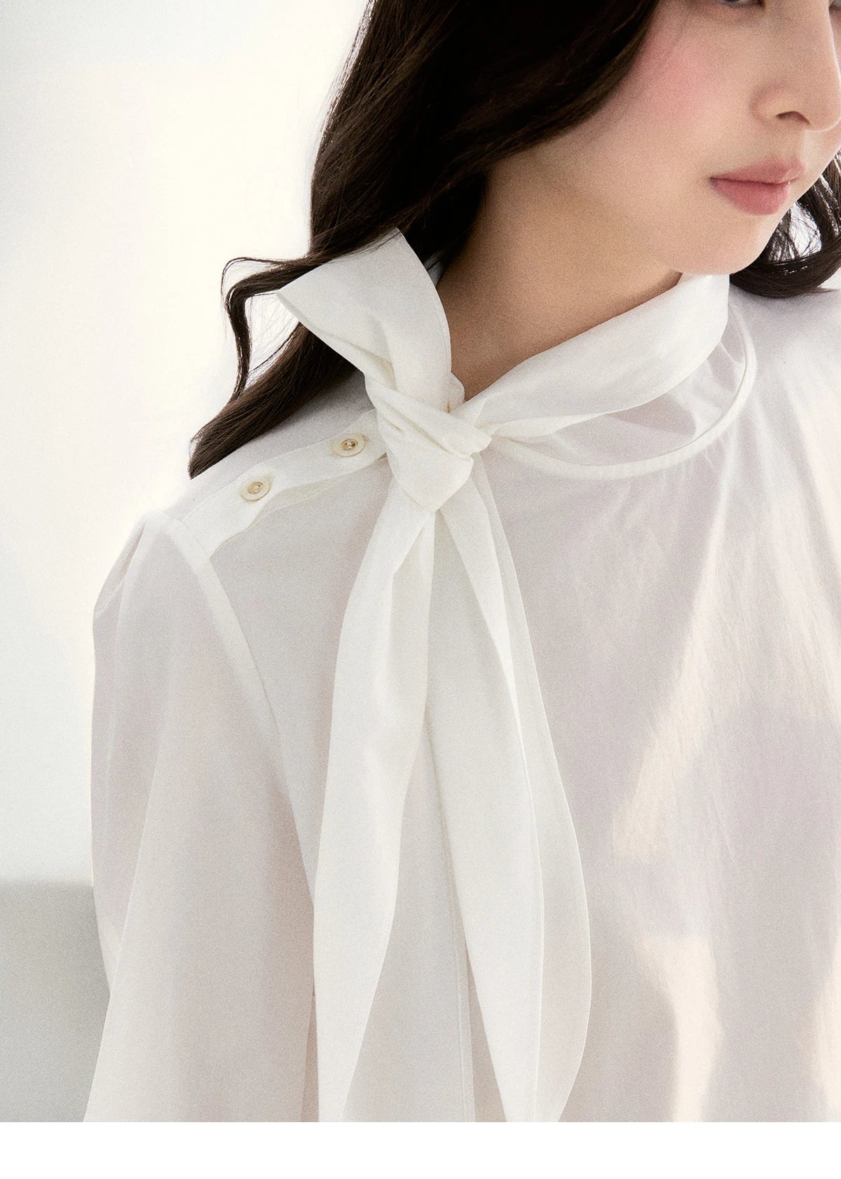 MISHOW Women's White Blouse Spring Bow Tie Neck Lantern Sleeve Patchwork Lace Blouses Casual Elegant Top Office Lady MXF108C0814