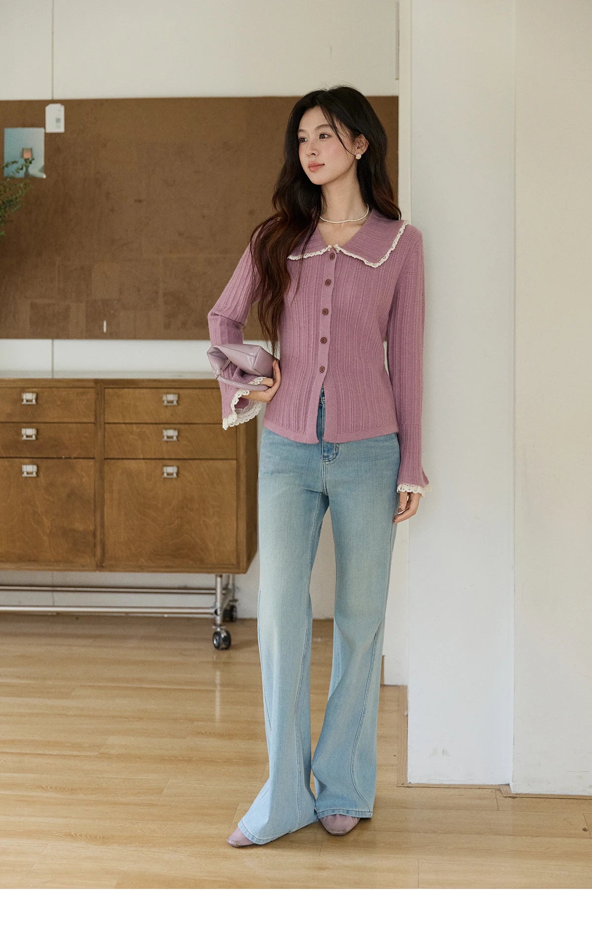 MISHOW Women's Lilac Flare Sleeve Knitted Cardigan 2026 Spring Peter Pan Collar Lace Trim Long Sleeve Slim Casual Top MXF11Z2994