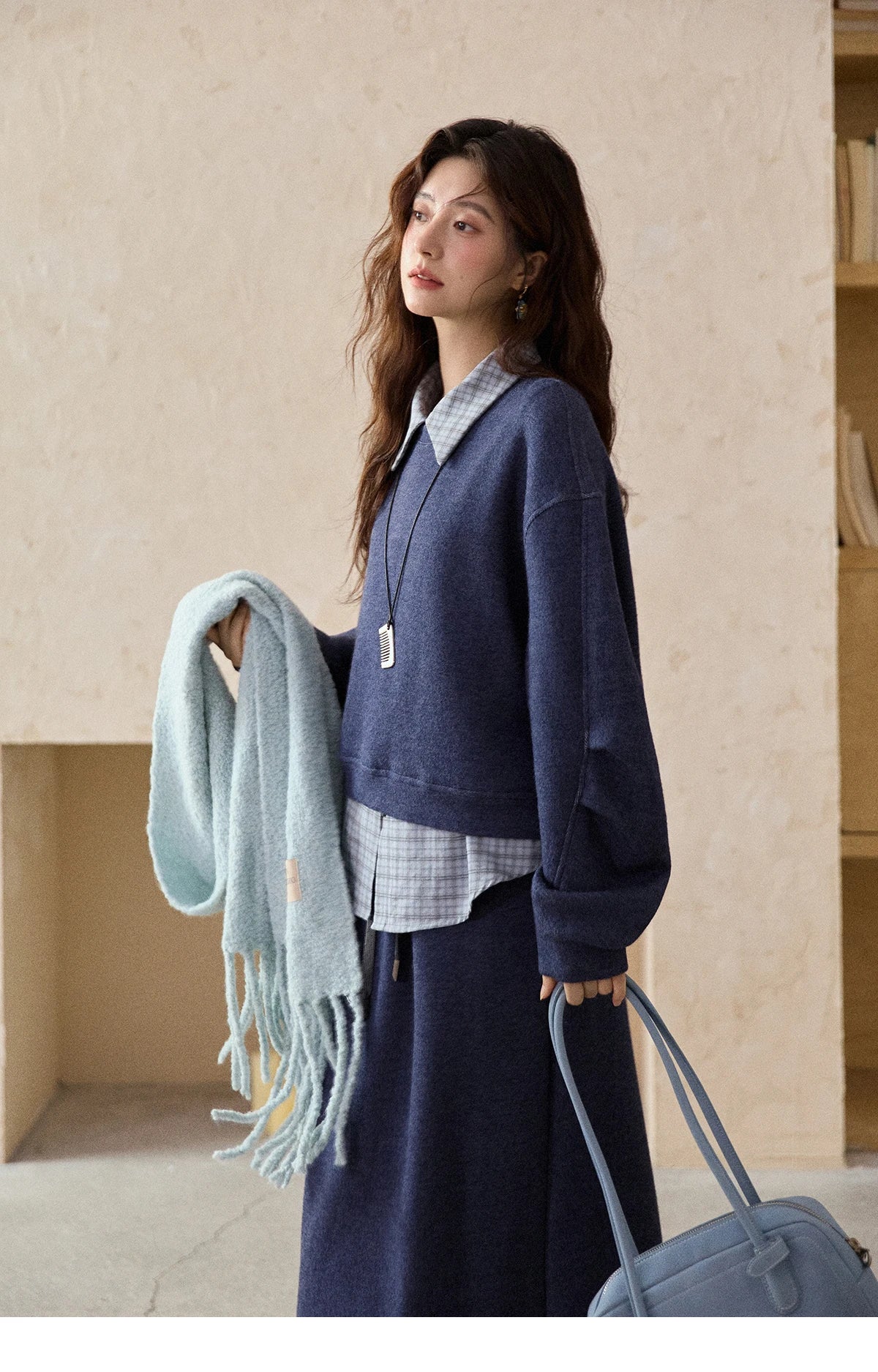 MISHOW Blue Plaid Sweatshirt Suit Women's 2025 Winter Fashion Turn-down Collar Knitted Top Straight Skirt Woman Sets MXE87T1445