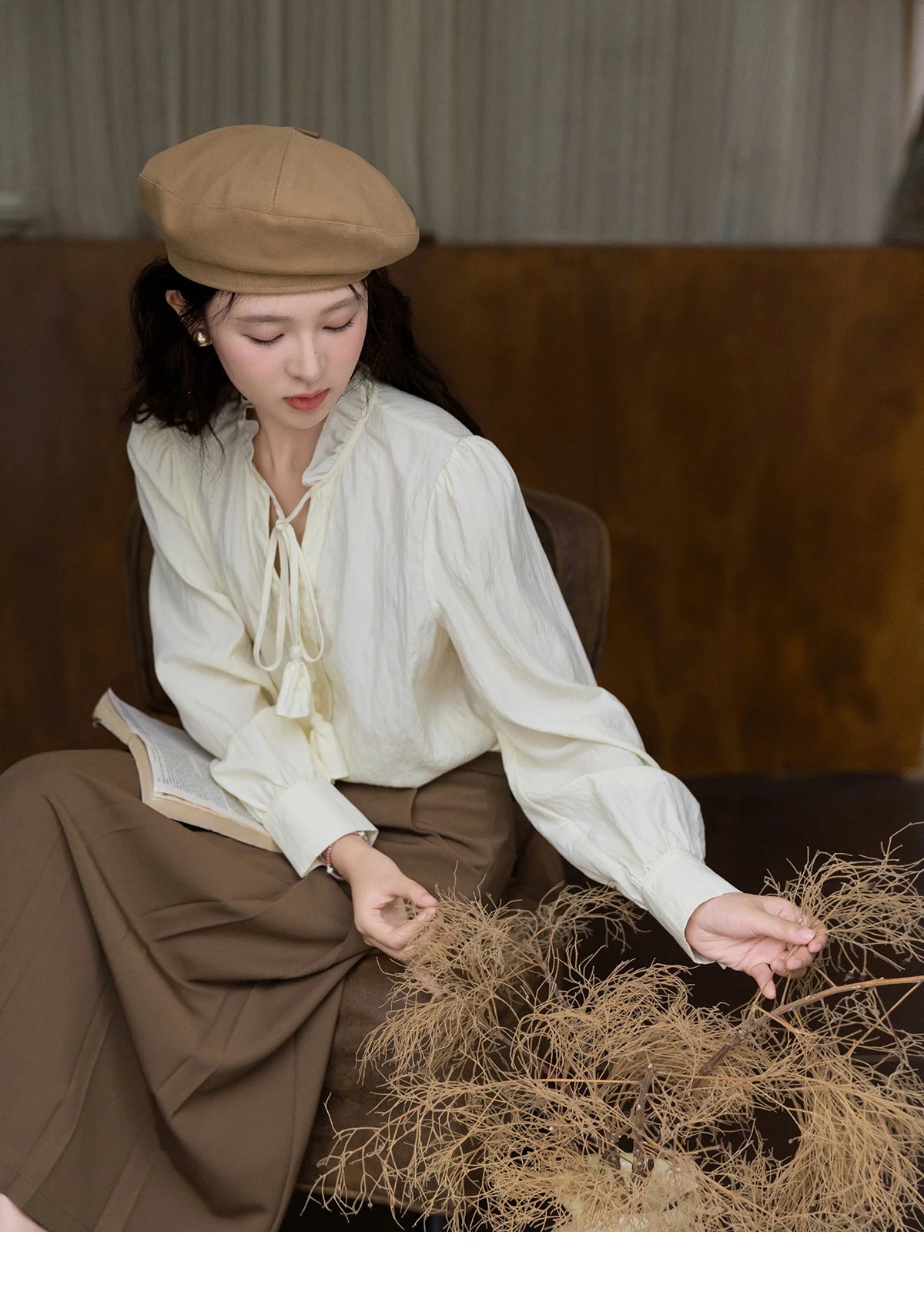 MISHOW Flower Bud Tie Lyocell Shirt for Women Autumn 2024 Temperament Solid Long Sleeve Pullover Tops Office Lady MXD42X1640