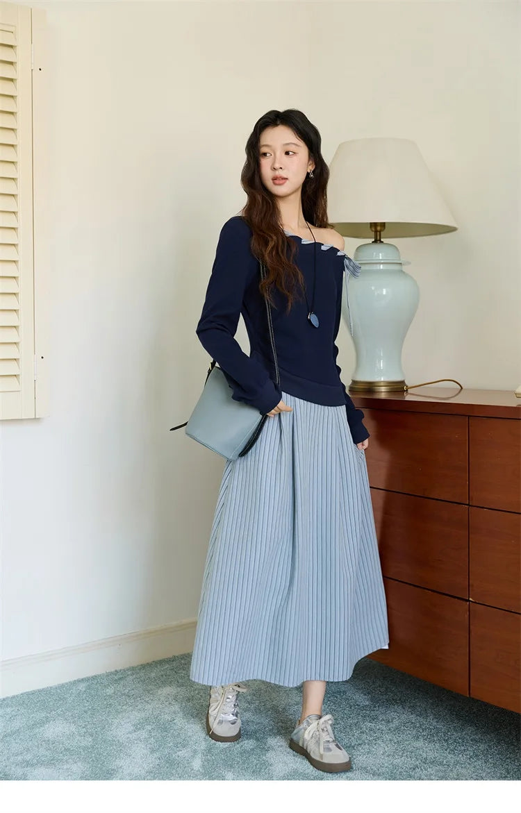 MISHOW Woman Striped Dress 2025 Autumn Blue Navy Slash Neck Contrast Lace Long-sleeved Dress Sexy Clothes for Women MXE45L2516