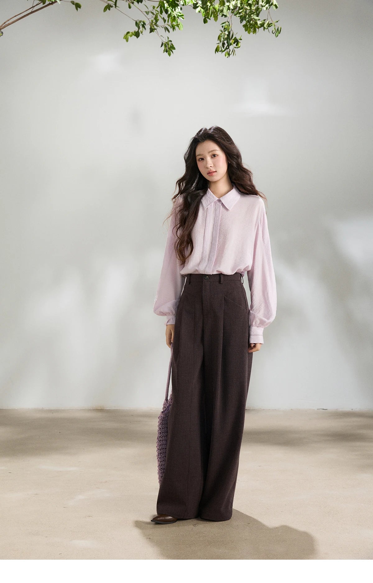 MISHOW Women's Lapel Lantern Sleeve Shirts 2026 Spring Lace Trim Casual Loose Breathable Solid Shirt Office Lady MXF13C2436