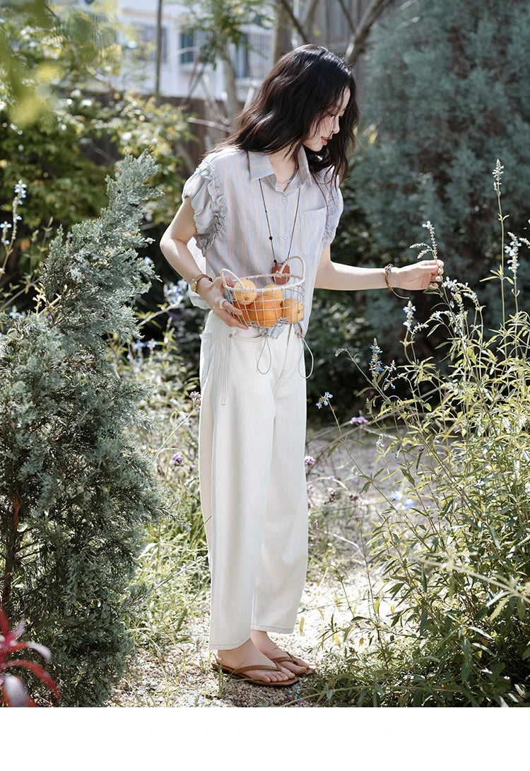 MISHOW Women's Short Sleeve Shirt 2025 Summer Ladies Turn-down Collar Button Shirt Casual Striped Top Female Clothing MXE38C2347