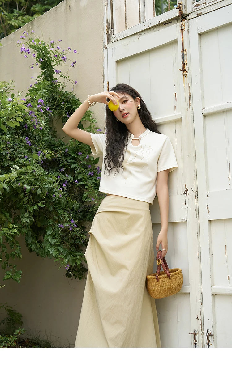 MISHOW Chinese Stand Collar Top Pleated Skirt Separately 2024 Summer Short Ink Painting Printed T-shirt A-line Skirt MXD27T0272