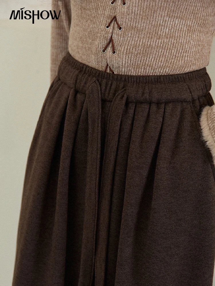 MISHOW Brown Wide-leg Pants for Women2025 Winter Thickened Warm Drawstring Waistband Retro Casual Trousers Woman MXE87K1126
