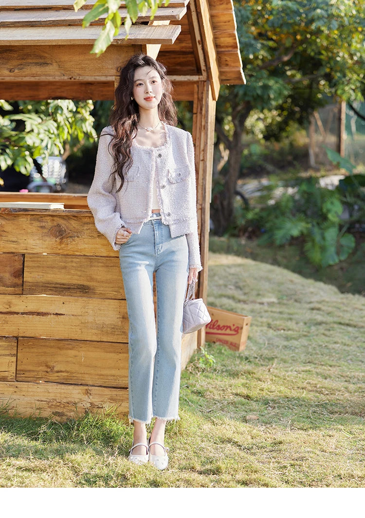 MISHOW Tassel Fragrant Coat for Women 2025 Spring Rose Buckle Weave Short Coats Elegant Square Neck Straight Coats MXE13W0733