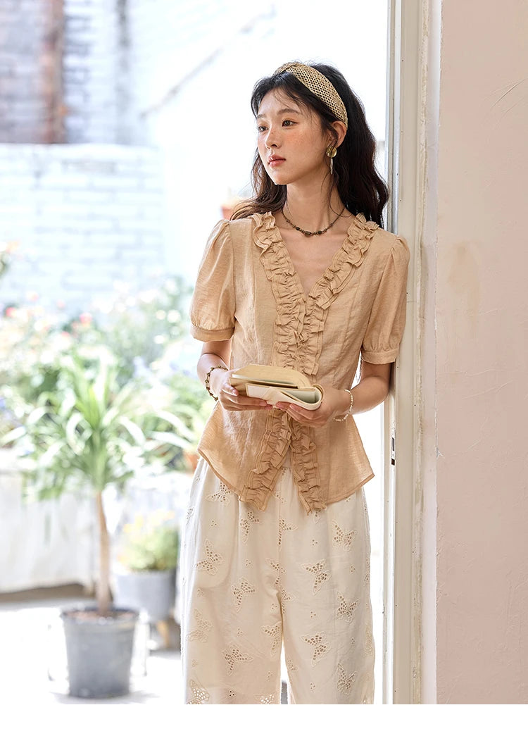 MISHOW V-Neck Blouse Puff Sleeve Fungus Edge Slim MXE35X1841