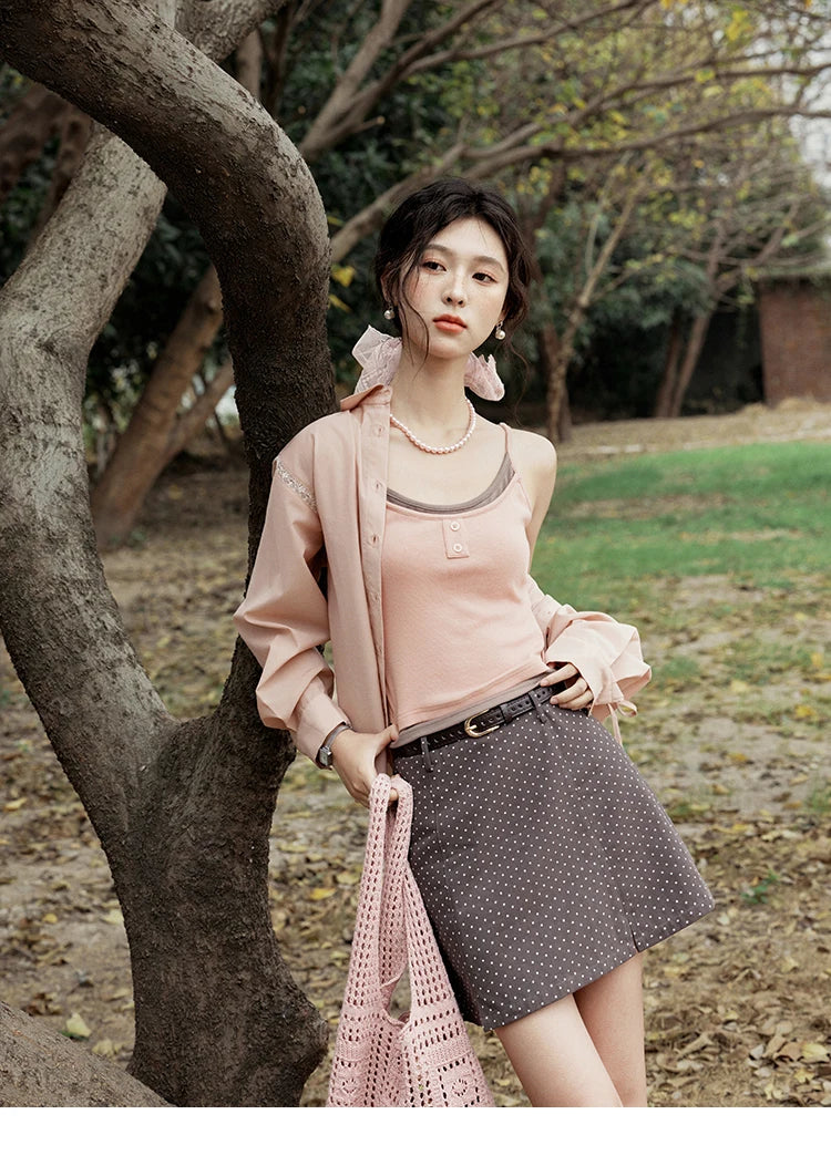 MISHOW Pink Long Sleeve Shirt for Women Spring 2025 Korean Splicing Lace Bow Tie Shirt Polo-neck Solid Versatile Tops MXE16C0767