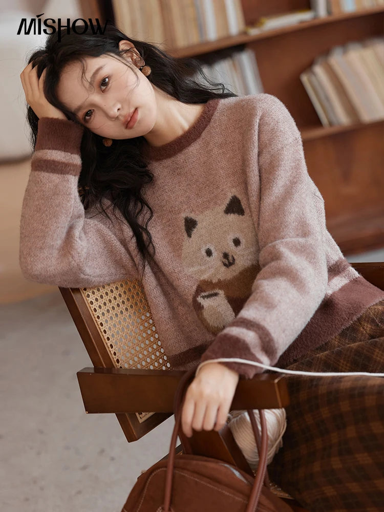 MISHOW Faux Sable Sweater Women 2024 Autumn Winter Sweet Gentle Loose Basic Soft Cartoon O-Neck Long Sleeve Pullovers MXD45Z0860