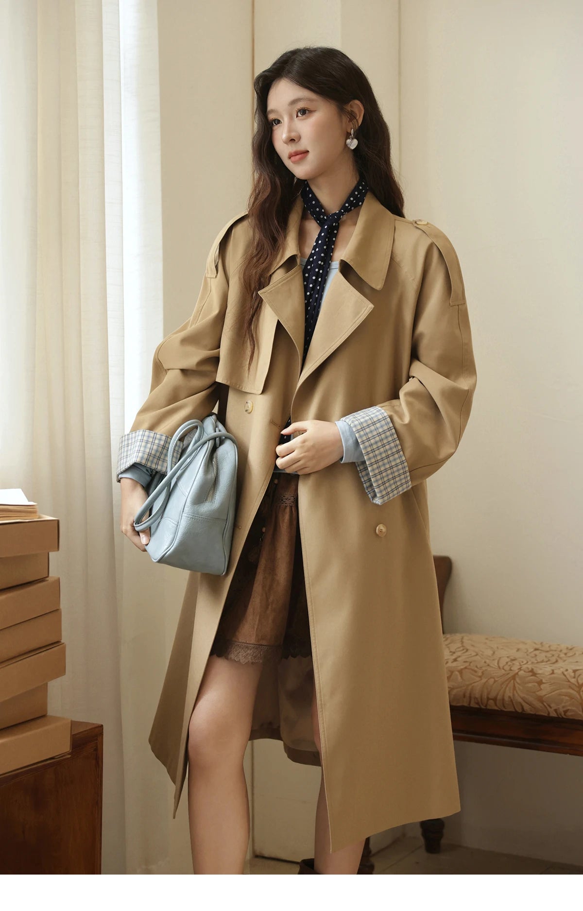 MISHOW Khaki Retro Plaid Flip Sleeve Trench Coat Autumn 2025 Double Breasted Belt Medium Length Trench Office Lady MXE44W0814