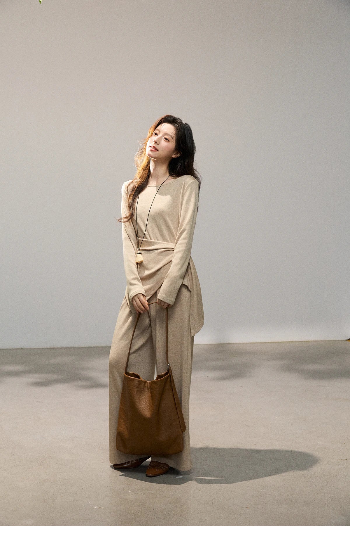 MISHOW Women's Khaki Knitted Two-Piece Set 2026 Spring Asymmetrical Hem Waist-Cinched Top Wide Leg Pants Casual Sets MXF11T1465