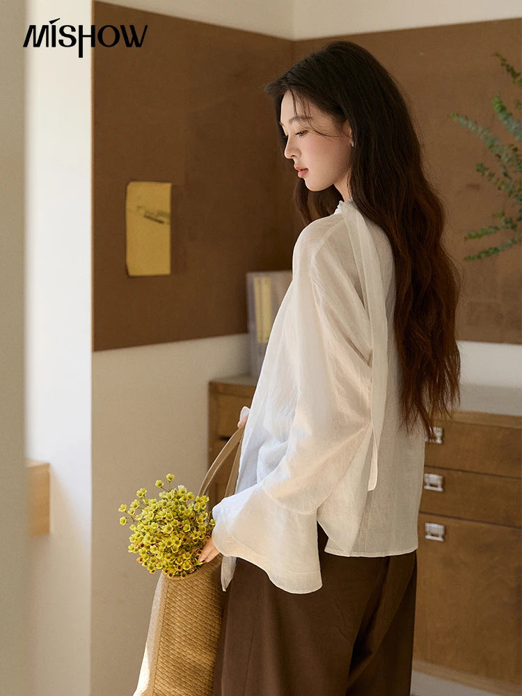 MISHOW Women's Ruffle Trim Chiffon Blouse with Detachable Scarf 2026 Spring Long Sleeve Loose Fit Casual White Top MXF108X0999