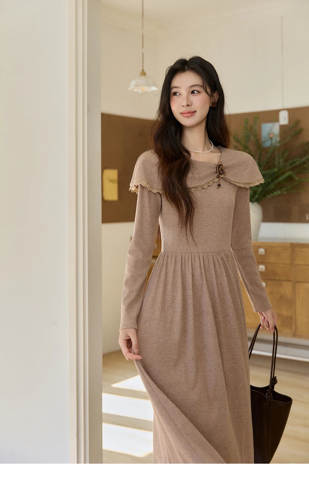MISHOW Women's Khaki Knitted Dress 2026 Spring Large Collar Decor Long Sleeve Dresses Pleated Casual Elegant Dress MXF11L2553