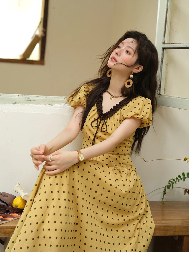 MISHOW Women's Casual Polka Dot Dress 2025 Summer New Ladies Puff Sleeve V-neck Lace Up Ruffle Edge Pocket Dresses MXE39L2326