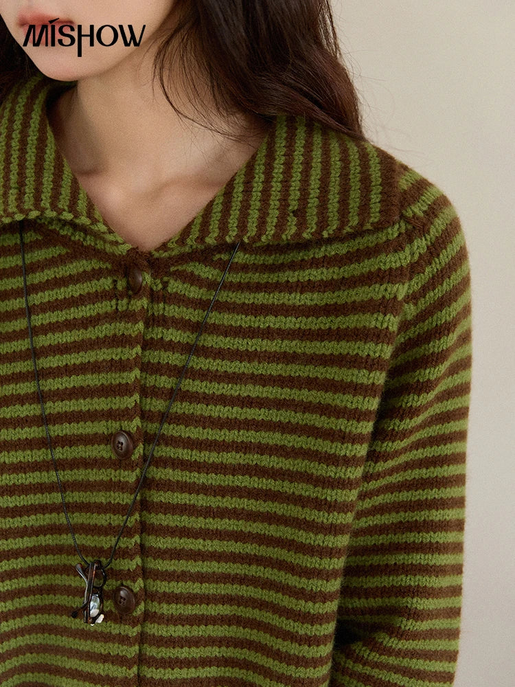 MISHOW New Striped Knitted Cardigan 2025 Autumn Winter Retro Stand-up Collar Raglan Sleeve Cardigan Commute Loose Top MXE88Z2690