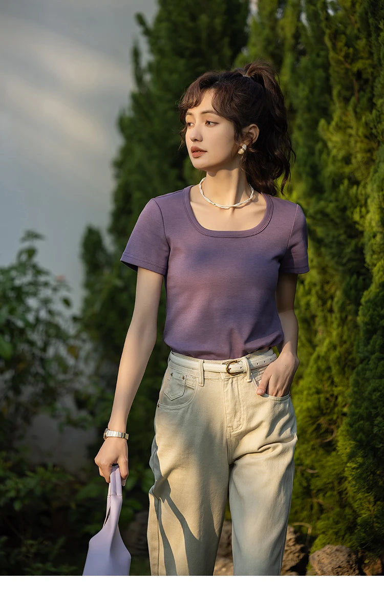 MISHOW Short Sleeve T-shirts Women Spring Solid Square-neck Top Elegant Woman Clothes Office Lady Cotton Tees MXC12T0641